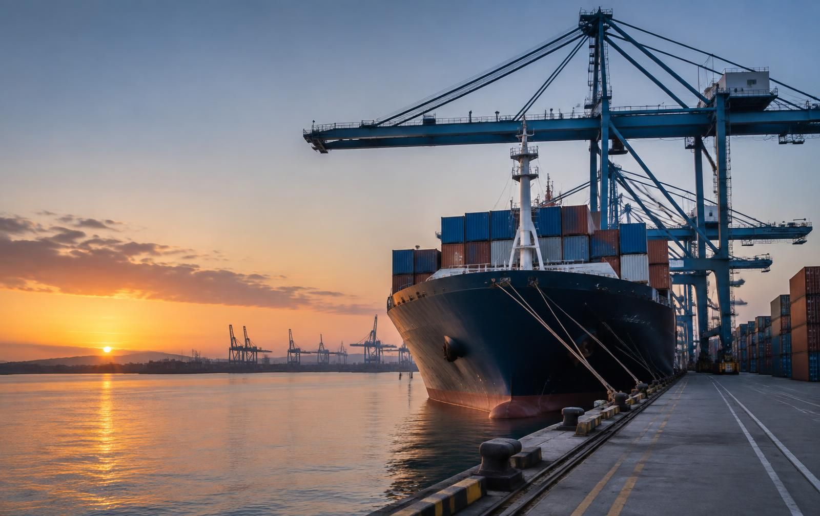 Container ship at a port quay for international trade
